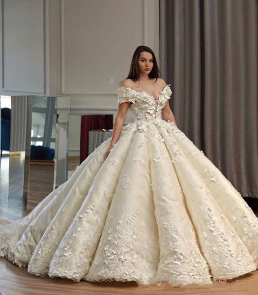 

2019 white gorgeous 3d-floral appliques flower wedding dresses off shoulder ruffle ball gown sheer neck lace-up bridal gown plus size