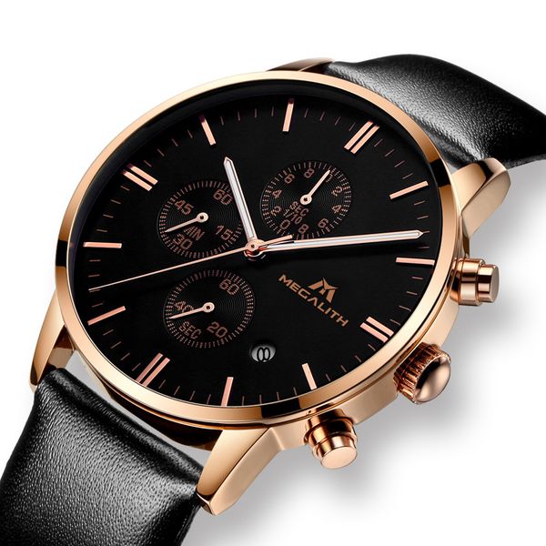 

megalith analogue quartz watch gold case mens watches waterproof date calendar leather business watch for men, Slivery;brown