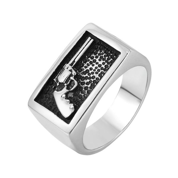 

new luxury designer vintage engraved funny gun titanium stainless steel fashion men rings hip hop jewelry, Golden;silver