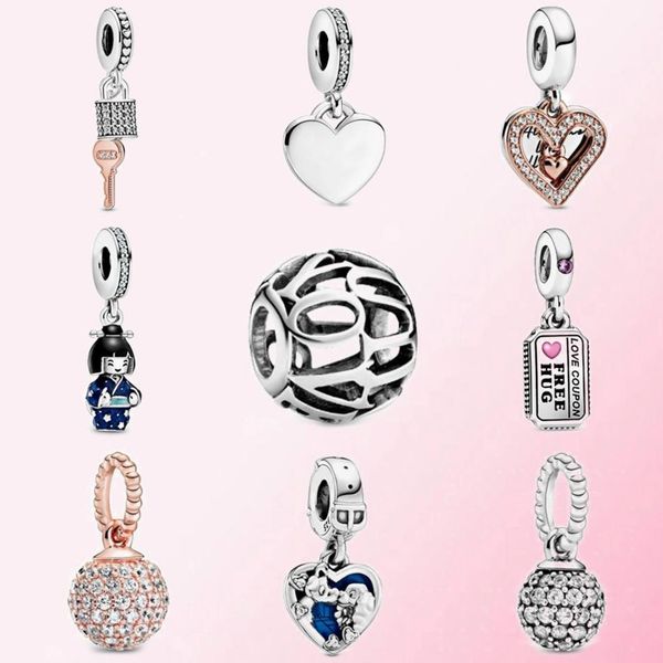 

hywo 925 sterling silver 2020 valentine day silver ball pendant key and heart doll lady tramp inscription love coupon dangle charm, Black