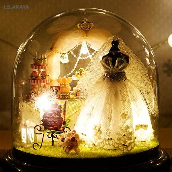 

spring flowers diy handmade mini doll house white wedding dress wooden miniature home assembling decoration glass ball dollhouse y200704