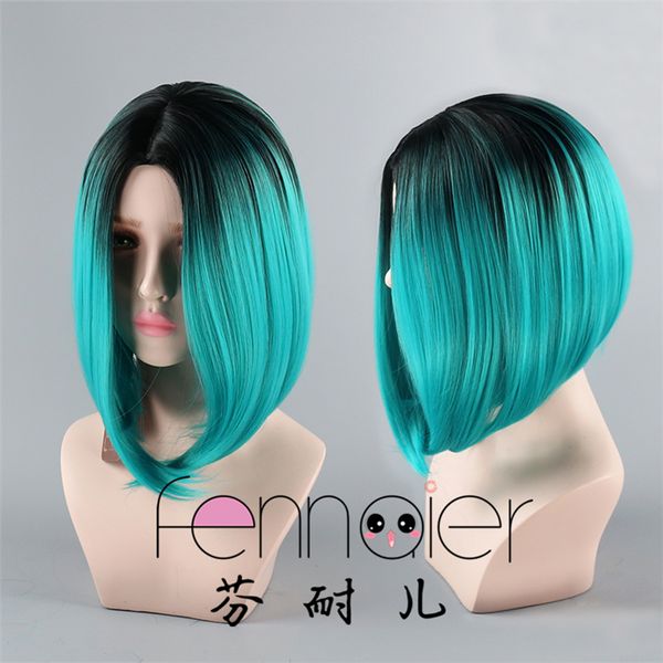 

женские европейские и американские головные уборы парик синий черный градиент озеро синий сплит волна голова кос окрашенный парик, Black