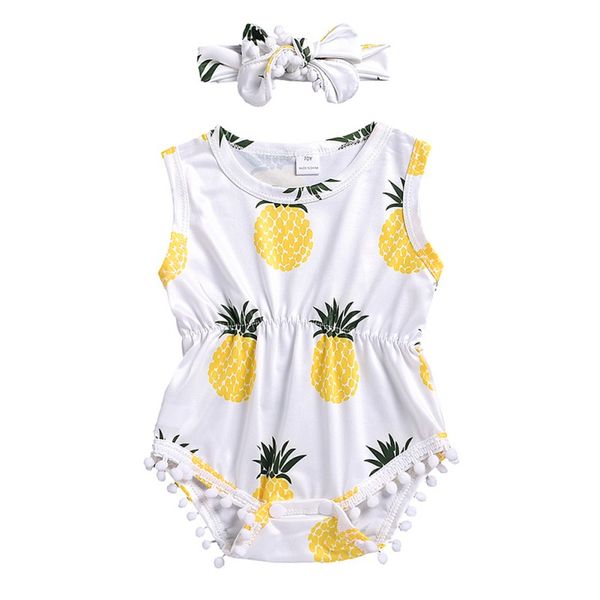 

newborn girls sleeveless rompers set summer yellow pineapple print umpsuit with headband two sets girls clothes, Blue