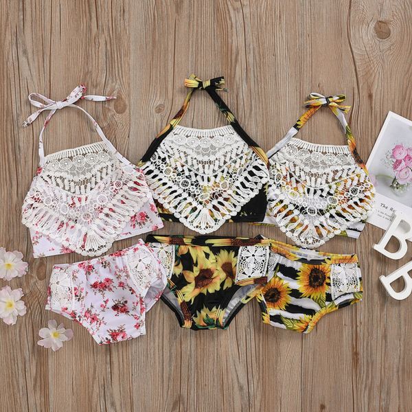 

2020 new toddler girls bikini set cute baby swimwear summer swimsuit fashion tassle floral kids swimming bathing suit beachwear, Black
