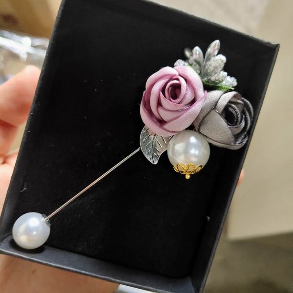 

ladies cloth art pearl fabric flower brooch pin cardigan shirt shawl pin professional coat badge jewelry accessories, Gray