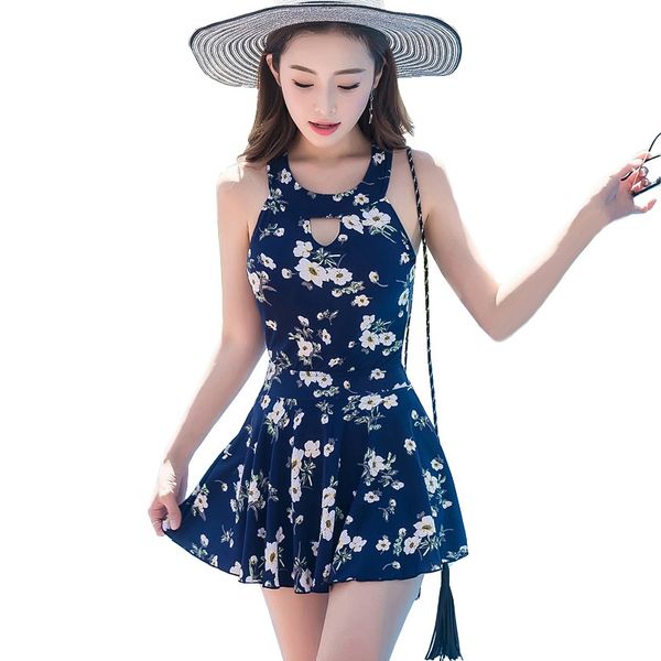 

2xl plus size swimwear women swimming dress high neck bathing suit skirted one piece swimsuit for ladies print retro beachwear, White;black