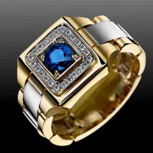 

amorui blue crystal hip hop men rings gold color cubic zirconia two tone design rings for party/wedding, Golden;silver