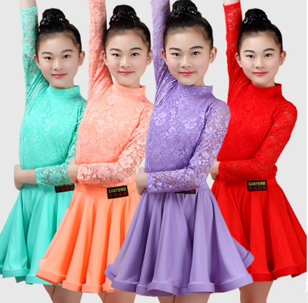 

new girls latin dance skirt ballroom salsa tango skirts kid child lace latin dance split dress with leotard and skirt, Black;red