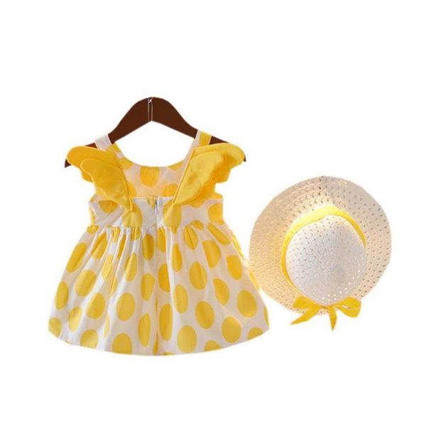 

baby wings dress girl kids summer cotton fashion princess lovely prints model collar sleeveless sweet straw hat dot print, Red;yellow