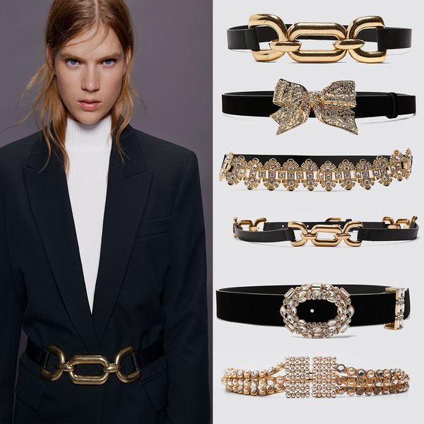 

miwens za design sparkly rhinestone gems velvet belts for women charm metal buckle lined belt bridal wedding belly waist jewelry y200424, Black;brown