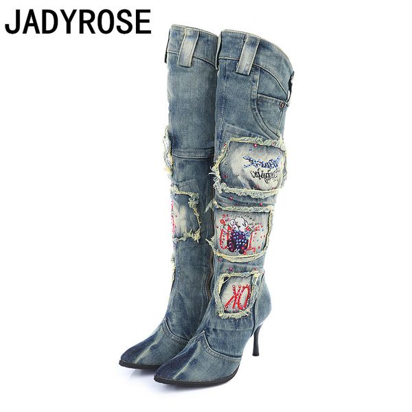 

pointed toe women winter boots blue denim thigh high boots shoes woman euro over the knee motorcycle women, Black