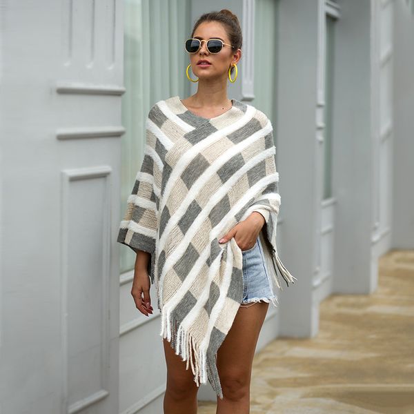 

sailing lu women plaid sweaters autumn 2019 new tassels cloaks v-neck pullovers high street capes drop shipping wzl1505, Black