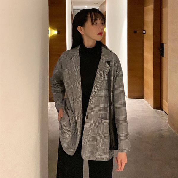 

women's suits & blazers 2021 loose long fund suit lattice coat ins leisure joker woman casual female jackets, White;black