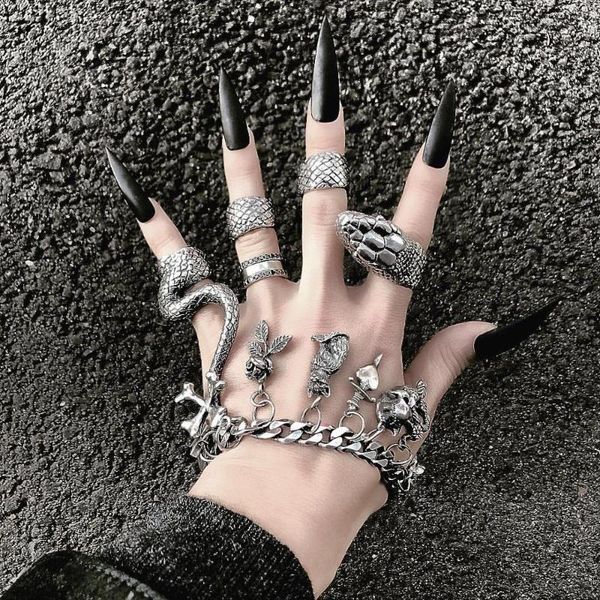

cluster rings boho 4 pcs/set antique silver color snake viking personalized animal punk ring for women gothic jewelry femme, Golden;silver