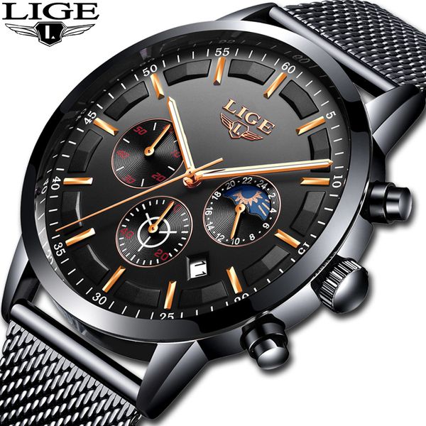 

relogio lige mens watches brand luxury casual quartz wristwatch men fashion stainless steel waterproof sport chronograph+box c19021601, Slivery;brown