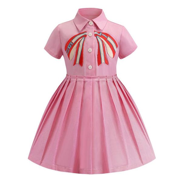 

retail baby girl pink dresses embroidered lapel short sleeve cotton pleated skirt dress kids designer clothes children boutique clothing b80, Red;yellow