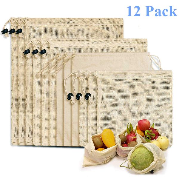 

reusable shopping bags 100% cotton vegetable fruits storage bags 12 pcs mesh grocery shopping product bag women washable