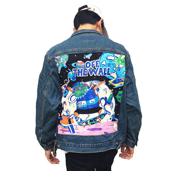 

harajuku men/women patch picture hip hop punk youth coat graffiti street frayed broken hole motorcycle denim jacket, Black;brown