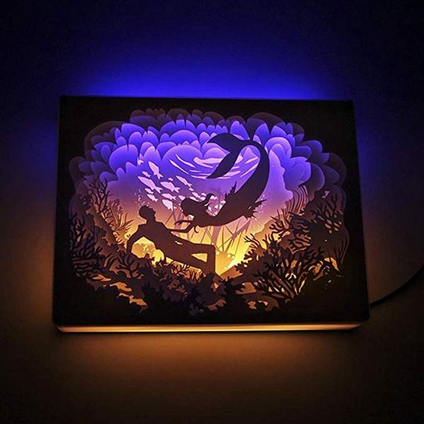 

1pc shadow paper sculptures light mermaid paper-cut 3d night light for home (white