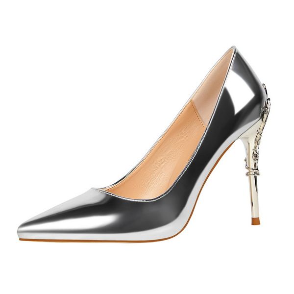 

new women pumps beautiful lady dress shoes simple patent leather pointed toe stiletto heels silver gold party shoes 2019 wholesale, Black
