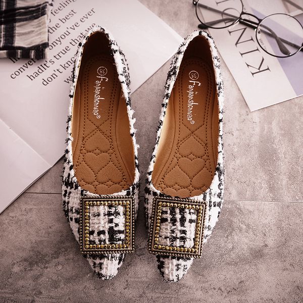 

mixed color shoes ladies office dress flats cloth patchwork shoes metal buckle woman ballets comfy plaid single moccasins, Black