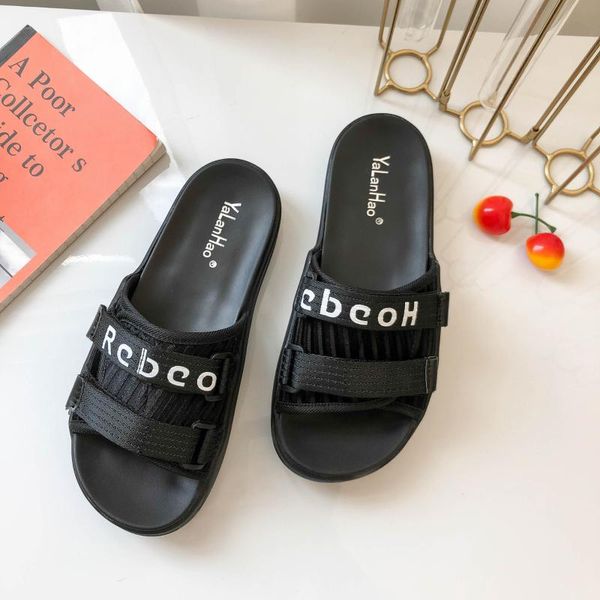 

women slippers thick sole non slip word drag female 2020 new summer ladies soft bottom slides flat outdoor casual beach sandals, Black