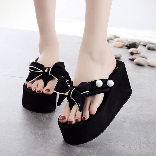

2018 new shoes woman summer flip flops super high heel wedges women slippers ladies designer slides platform shoes terlik, Black
