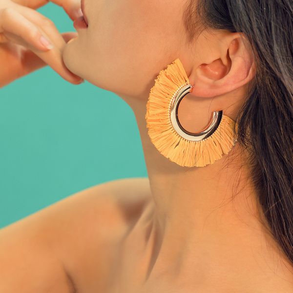 

popular european and american popular exaggerated semi-circular alloy earrings fashion raffia tassel earrings, Golden