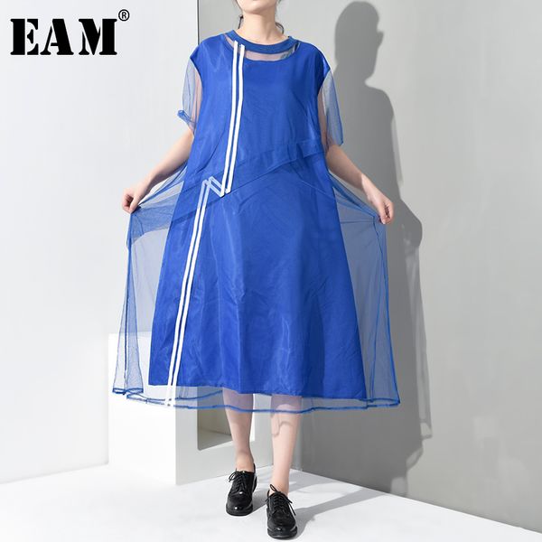 

eam] 2020 new spring summer round neck short sleeve blue striped mesh loose big size two piece dress women fashion tide wg9060, Black;gray