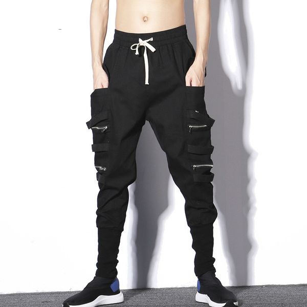 

#1703 men jogger streetwear pants with side pockets spring autumn pencil harem pants men elastic waist black hip hop dance