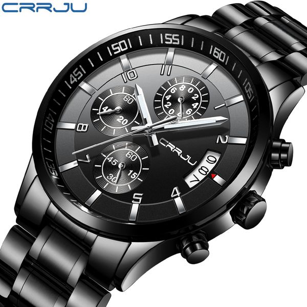 

crrju chronograph stainless steel men watch fashion business calendar male army quartz wristwatch sport relogio masculino, Slivery;brown