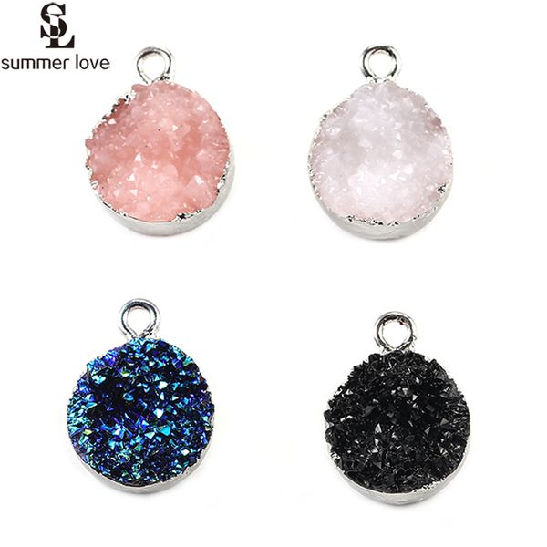 

10pcs wholesale round resin druzy charm for diy earring necklace making silver color necklace pendant accessory jewelry findings, Bronze;silver
