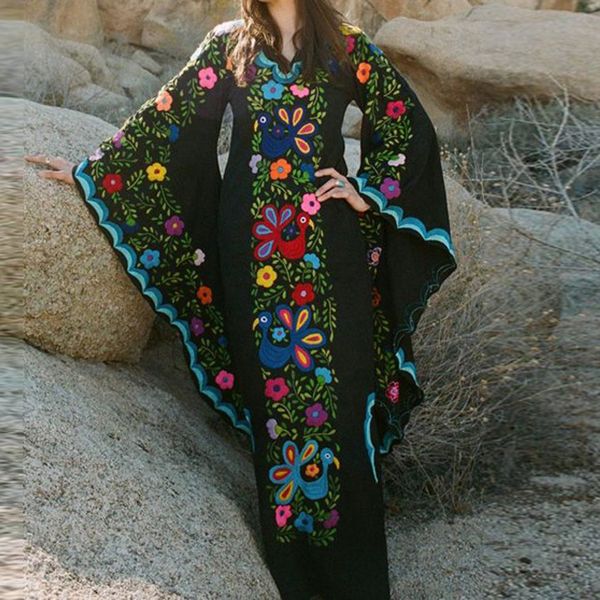 

women's summer maxi dress vintage wind print v-neck trumpet sleeve long sleeve party bohemian dresses summer dress 2019 vestidos, Black;gray