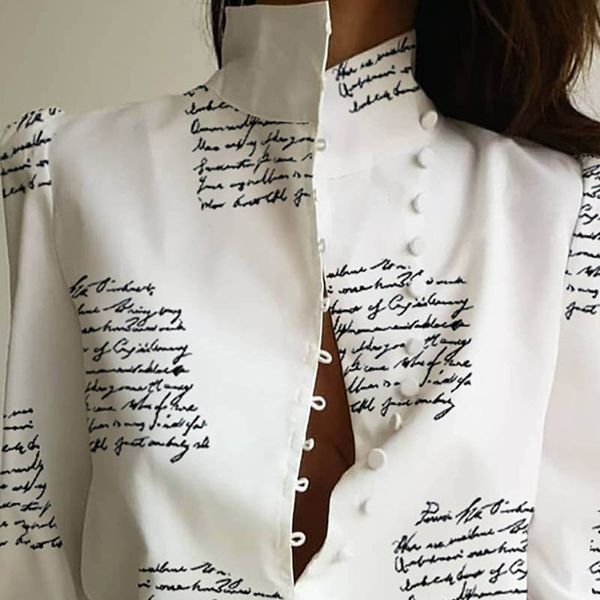 

women stand neck buttoned blouse shirt office ladies letter print puff long sleeve pullovers casual blouse blusas female, White