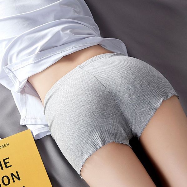 

ladies women summer safety pants thread ribbed striped seamless stretchy underpants solid color ruffled agaric hem boxer shorts, Black