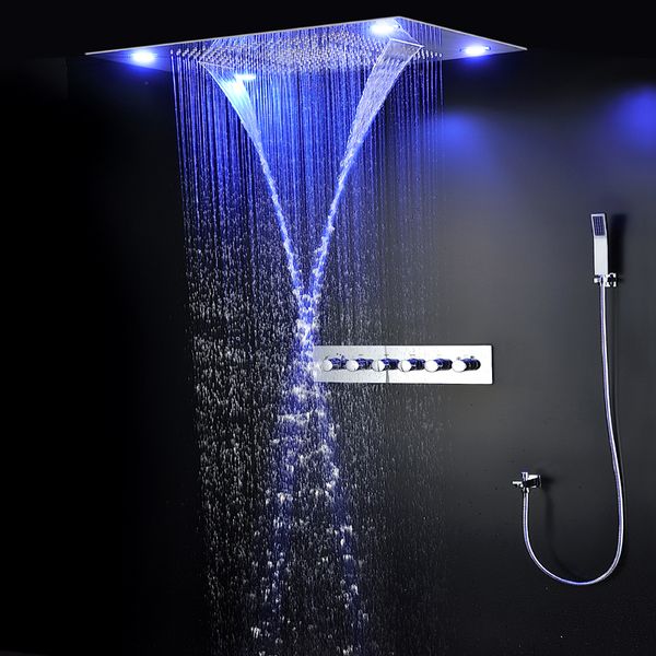 

Bathroom Thermostatic Faucets Shower 304 Stainless Steel Rainfall SPA Mist Waterfall LED Square ShowerHead Set With Hand shower