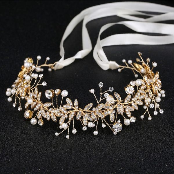 

kmvexo gold silver leaf bridal headpiece tiara wedding hair accessories hair vine crystal pearl headbands hair jewelry for bride, Golden;white