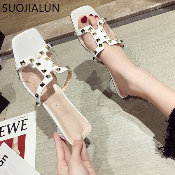 

suojialun fashion rivet women slides summer rivet slippers elegant med heel women flip flops ladies casual beach flip flops, Black