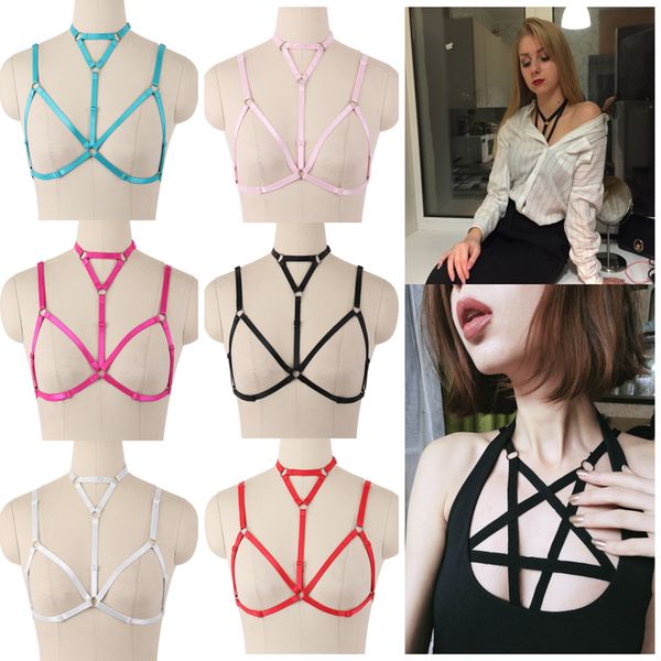 

body harness lingerie triangle collar cage bra fetish chest hollow out bra strap adjust plus size soft festival rave, Black;white