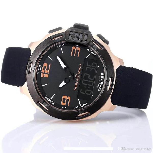

t race touch t081 screen altimeter compass chronograph quartz black rubber strap deployment clasp gold men watch wristwatches watches, Slivery;brown