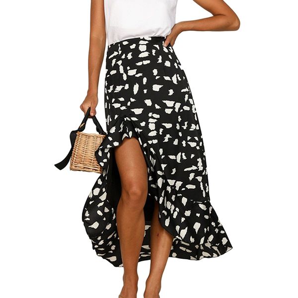 

2019 casual women print midi skirts fashion high waist wrap irregular ruffles skirts ladies boho summer beach loose, Black