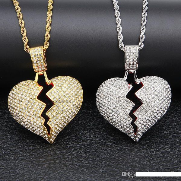 

замороженный из подвеска broken heart конструктора ожерелья унисекс bling кристалл rhinestone шарм золото серебро покрыла цепь hip hop ожере, Silver
