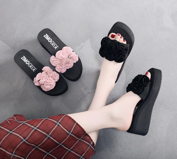 

the new style of slippers outside women's summer wear fashionable word - drag high - heel thick soled non slip flower wedge, Black