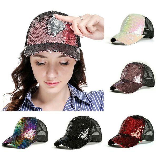 

new women ladies fashion chic casual baseball cap adjustable sequins baseball cap shiny messy hat sun caps, Blue;gray