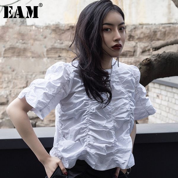 

eam] 2019 new spring summer round neck short sleeve white fold pleaed stitch loose temperament t-shirt women fashion tide jt524