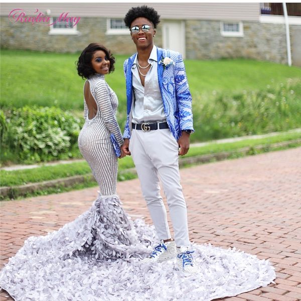 

glitter silver grey long mermaid backless prom dress 2019 elegant high neck long sleeves african formal evening dresses 3d flora, White;black