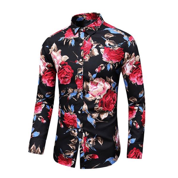 

2019 autumn new fashion male shirt casual long sleeve button shirt for men rose printed floral shirts men plus size 5xl 6xl 7xl, White;black
