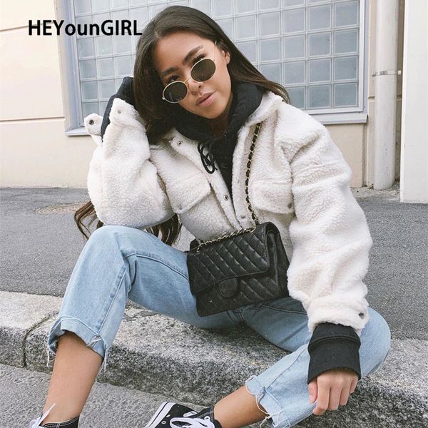 

heyoungirl white casual fake fur coat korean fashion lambswool faux fur crop jacket turn-down collar long sleeve overcoat autumn, Black