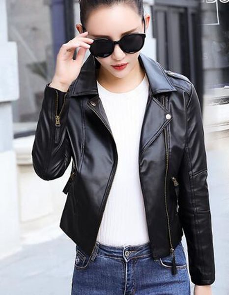 

женская европейская и американская весенне-осенняя мода корейская версия деловой английский новый стиль бутик-молния кожаное короткое пальто, Black