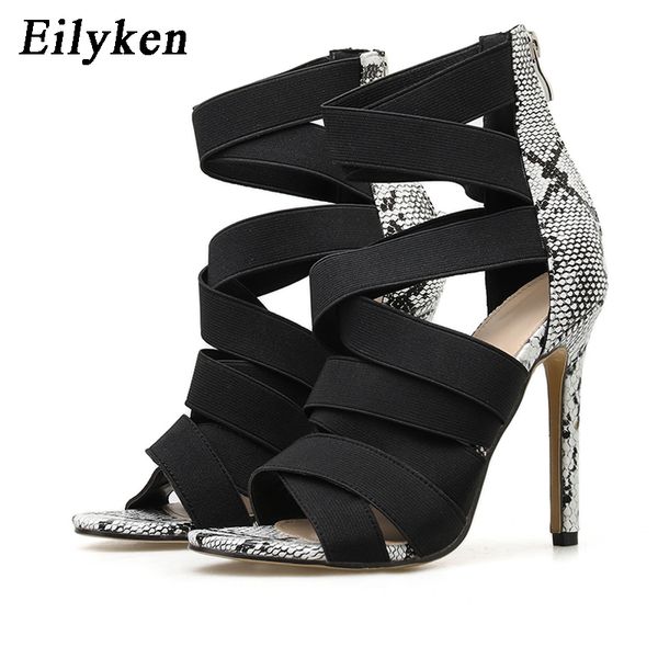 

eilyken fashion snake grain roman women sandals ankle zipper high heel summer open-toed ladies party pumps shoes, Black